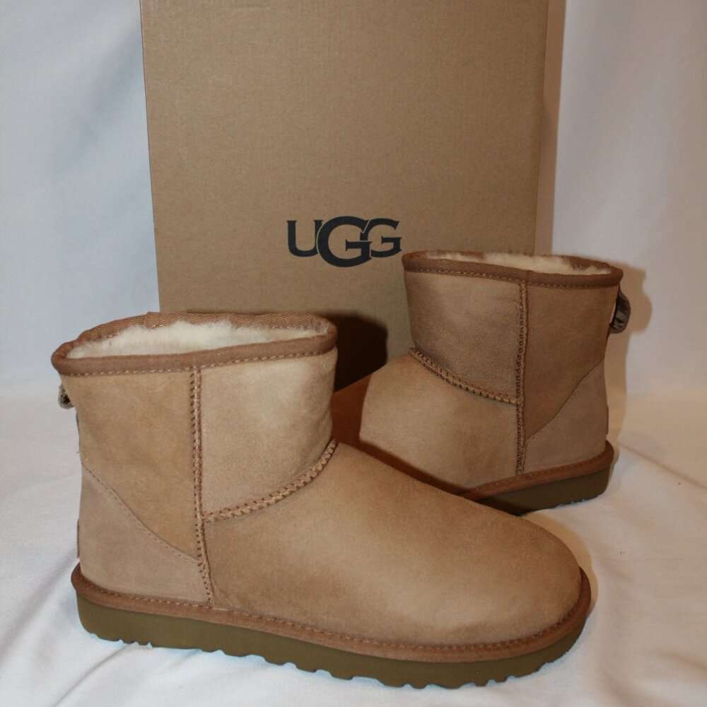 UGG‎ WOMEN'S MINI SUEDE SHEARLING LINED ANKLE BOOTS CHESTNU NEW
